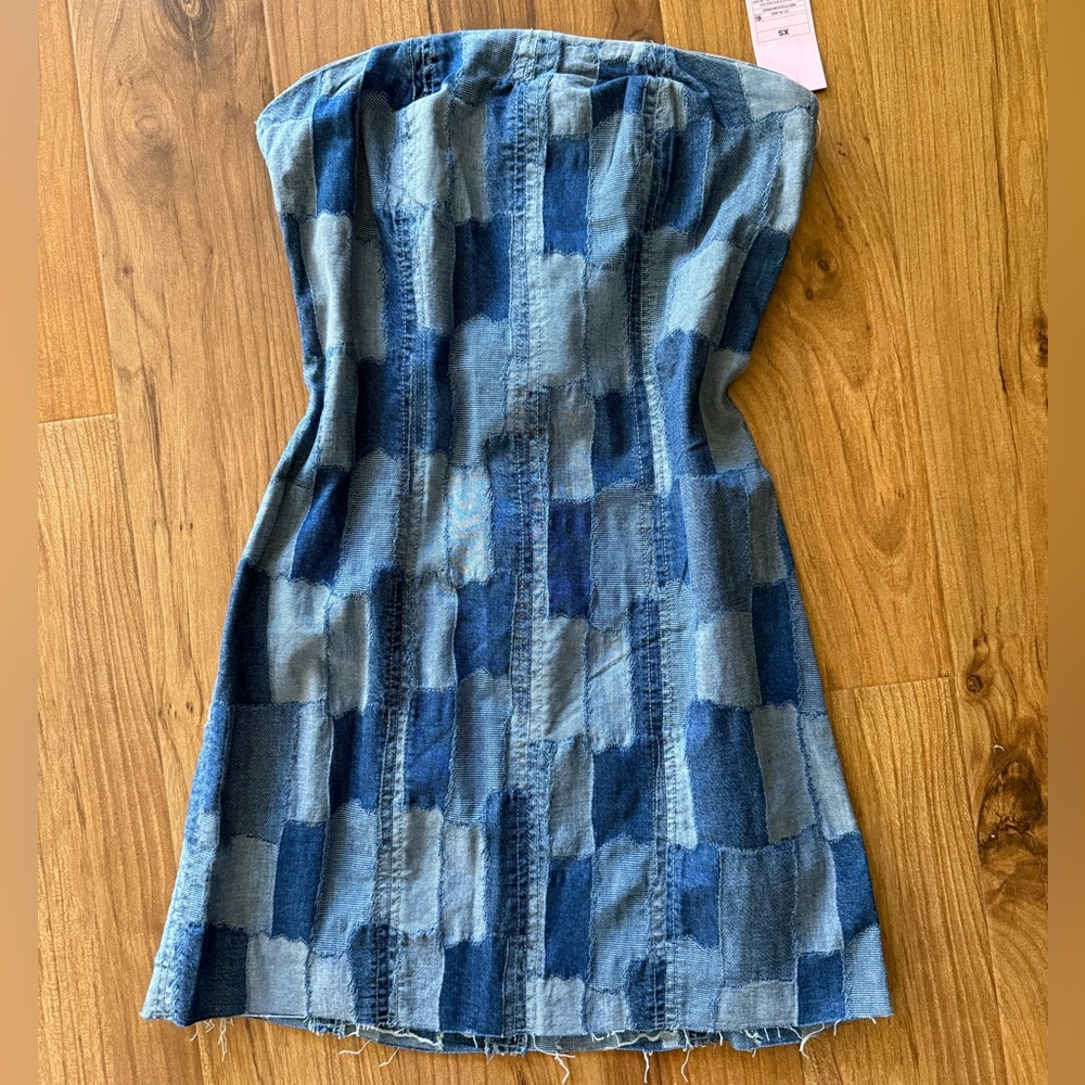 Patchwork Denim Strapless Dress